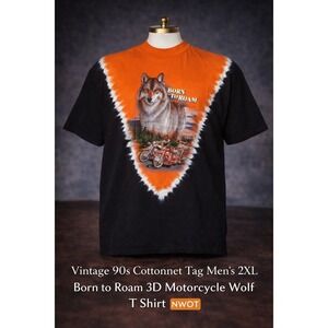 Vintage 90s Cottonnet Born to Roam Wolf Motorcycle T Shirt Mens 2XL Orange Black